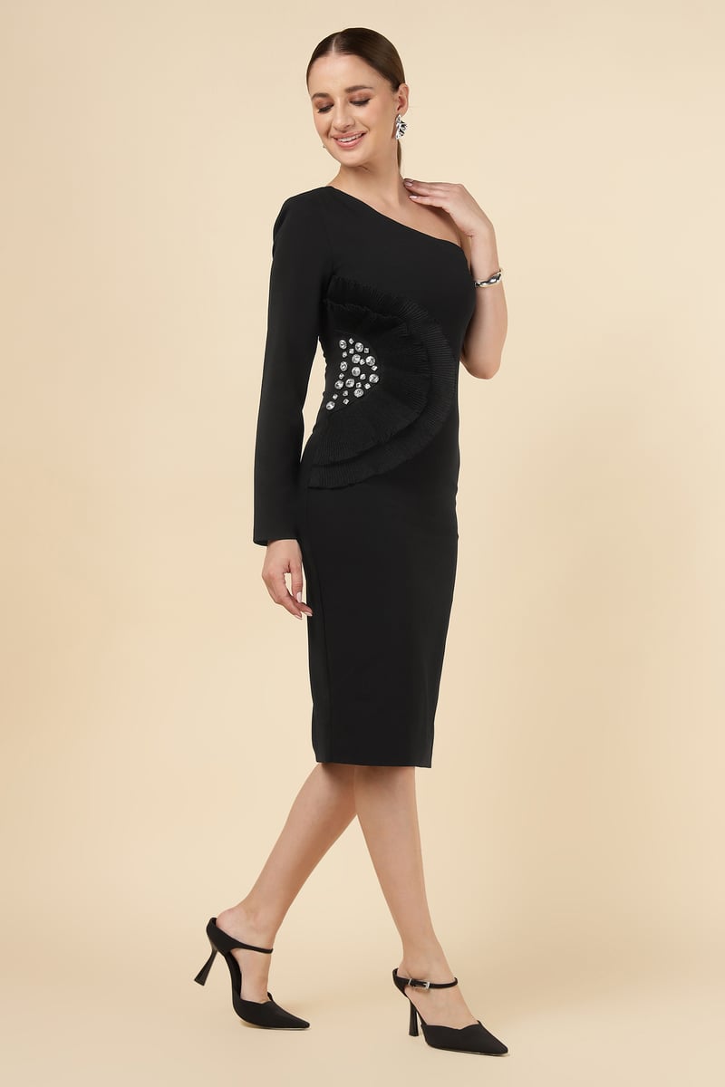 Black One-Shoulder Bodycon Midi Dress with Crystal Detail