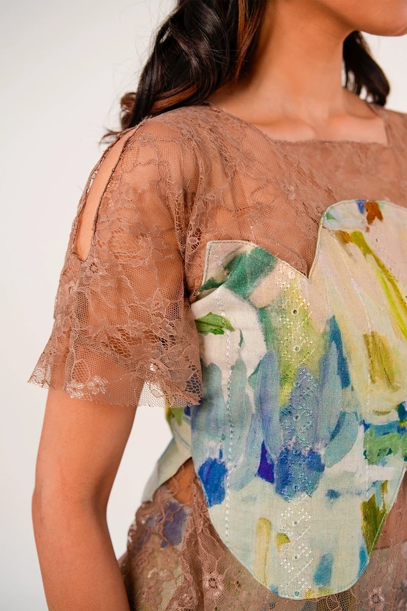 Ivory Floral Lace Overlay Top and Midi Skirt Co-ord Set