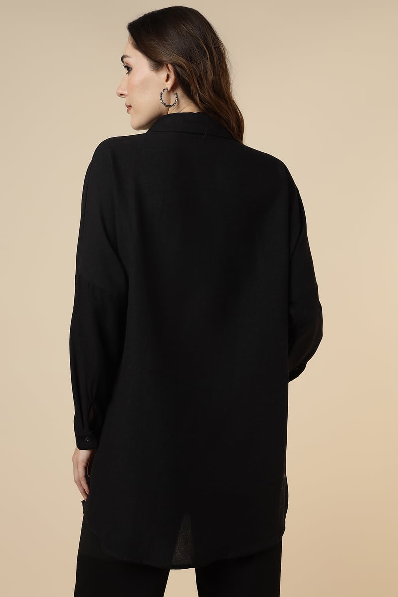 Black Embellished Longline Button-Down Shirt