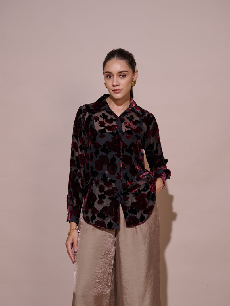 Black Sheer Mesh Shirt with Velvet Floral Overlay