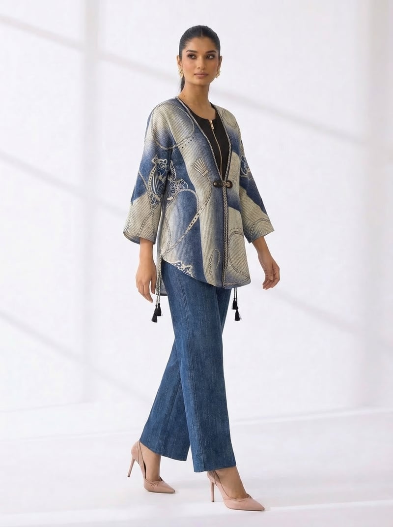 Denim Blue Printed Zip-Front Co-ord Set with Wide-Leg Pants