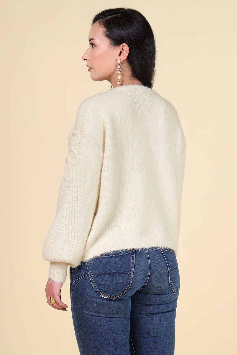 Beige Applique Embellished Round Neck Pullover Sweater