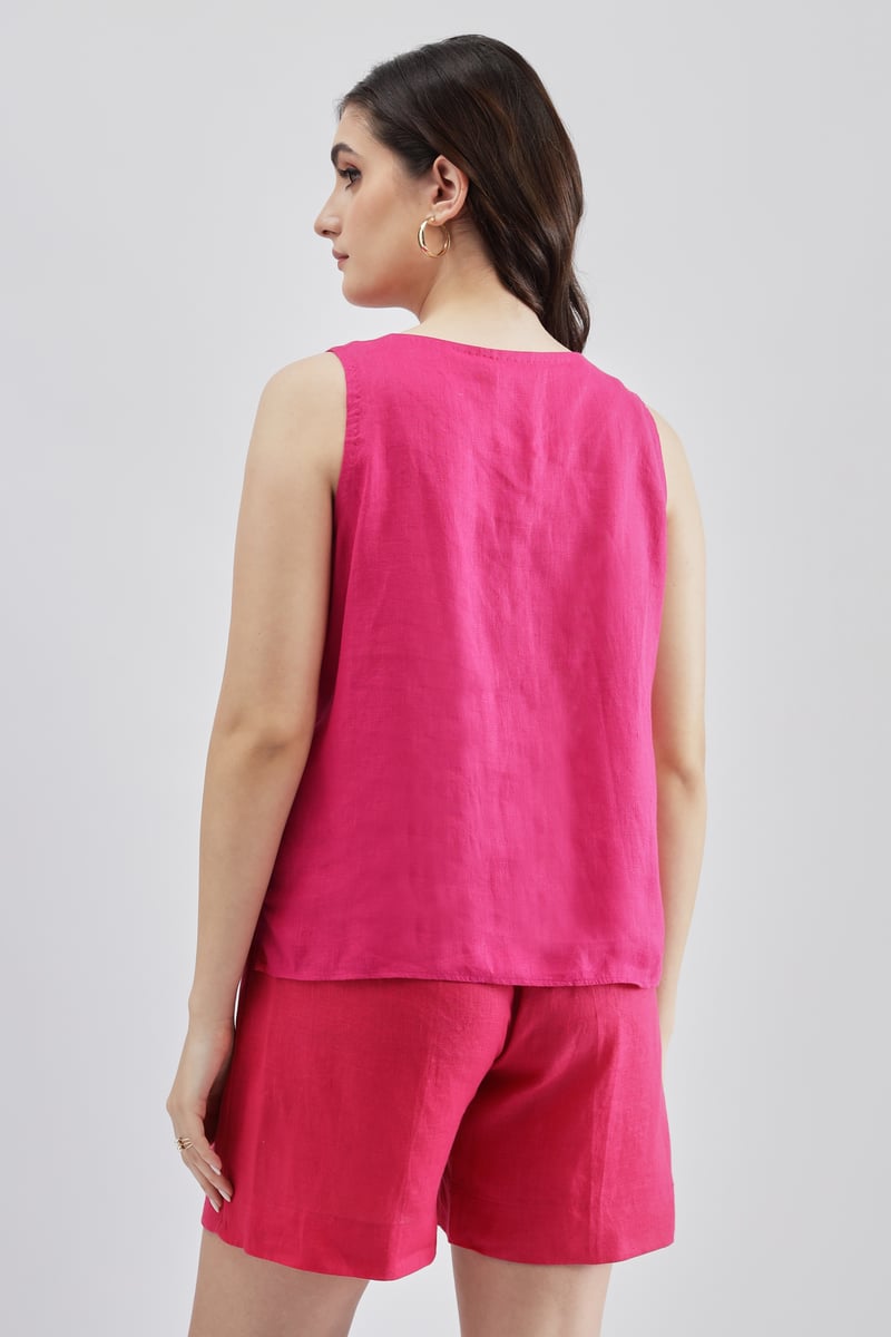 Fuchsia Linen Sleeveless Round-Neck Top with Embroidery