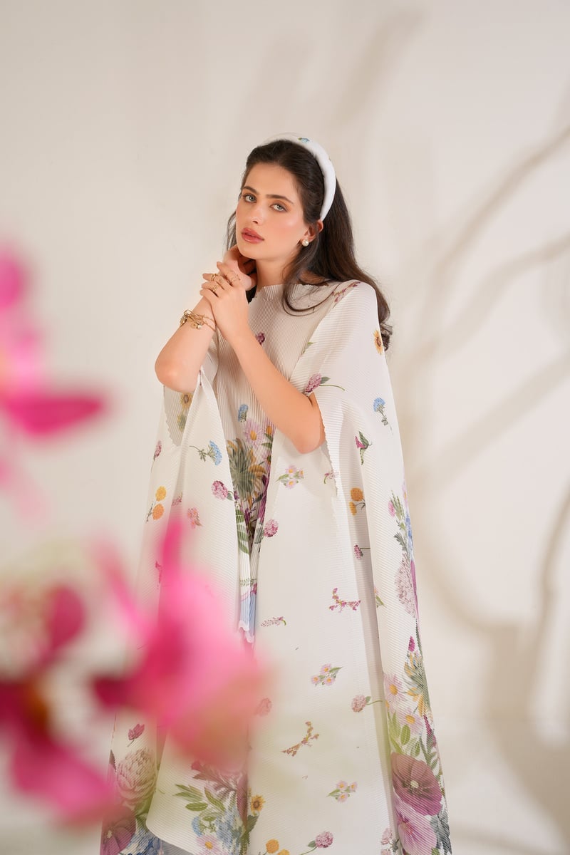 White Floral Pleated Cape and Trouser Co-ord Set