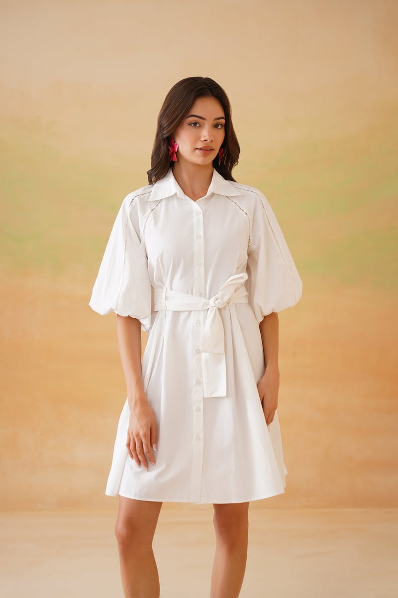 White Belted Shirt Dress with Balloon Sleeves