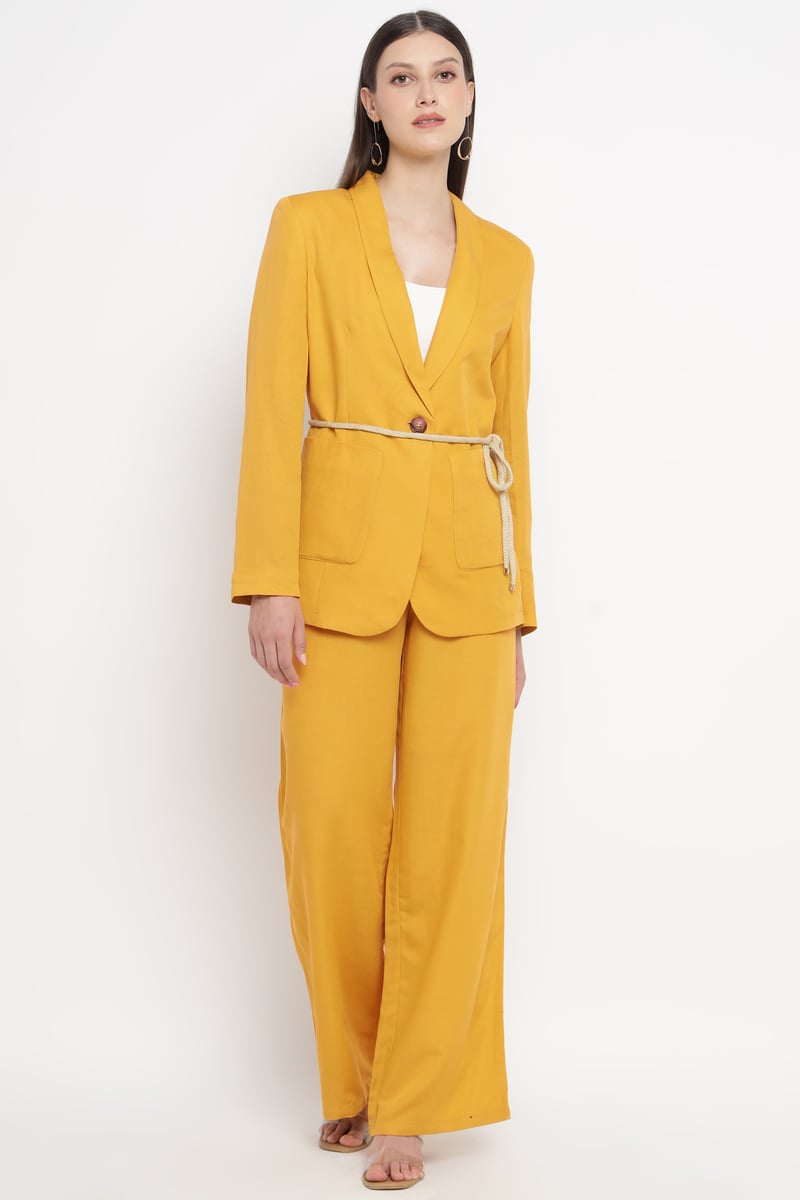 Yellow Single-Button Belted Tailored Blazer — Diana Gallesi