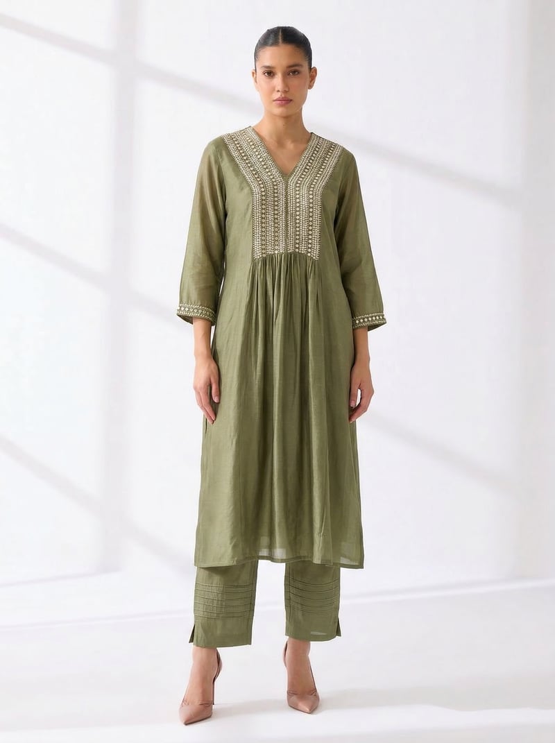 Moss Green Chanderi Kurta Set with Yoke Embroidery — Gulabik