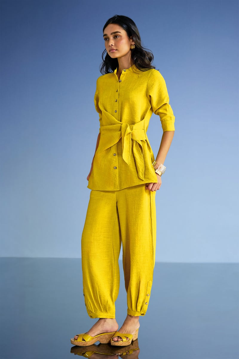 Chartreuse Linen-Blend Side-Tie Button-Down Longline Top