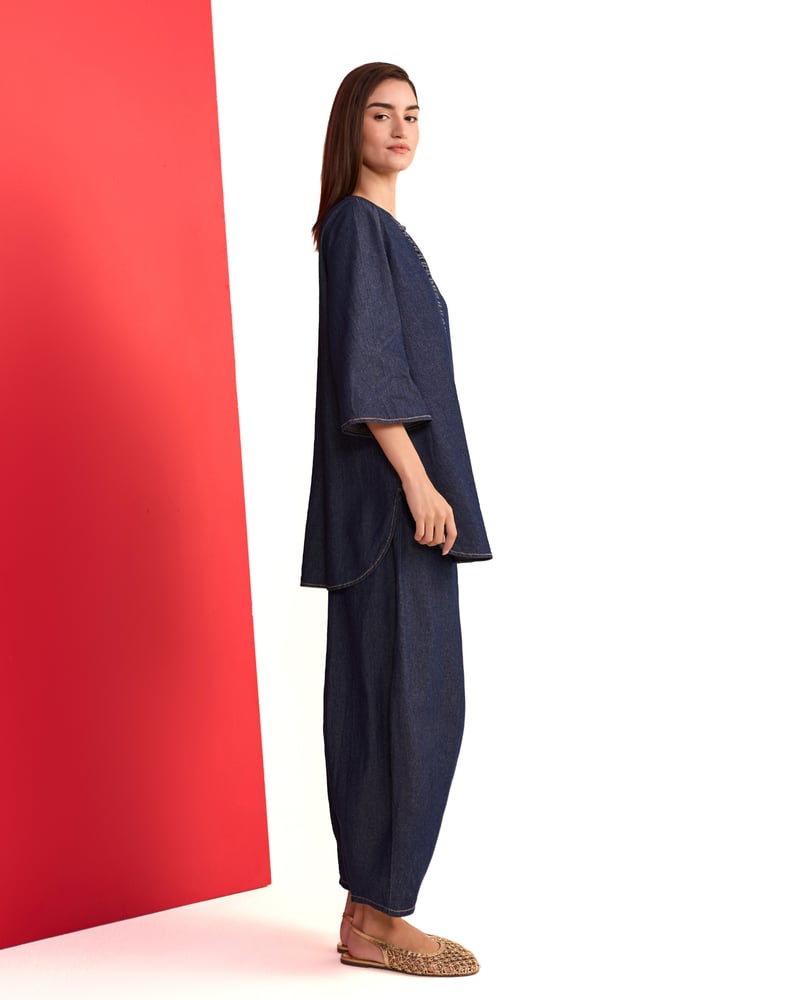 Indigo Denim Tunic and Wide-Leg Pants Co-ord Set