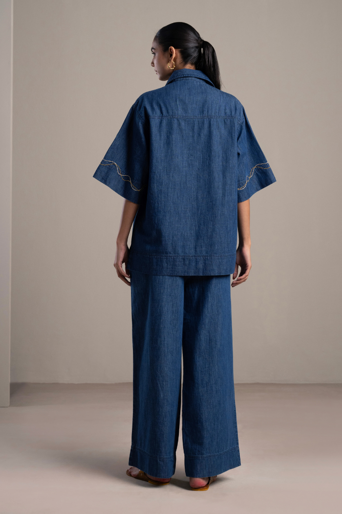 Blue Anti-Fit Lapel Shirt and Wide-Leg Pants Co-ord Set