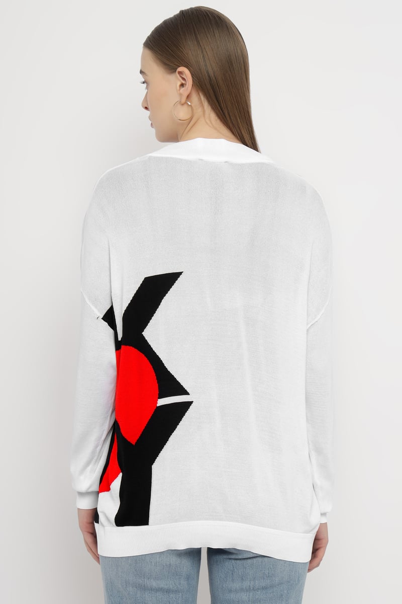 White Colorblock Graphic Button-Up Longline Cardigan