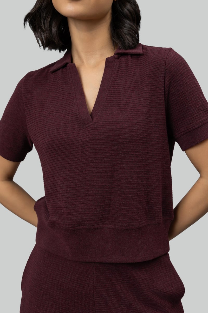 Burgundy Ottoman Rib Cropped Polo Top