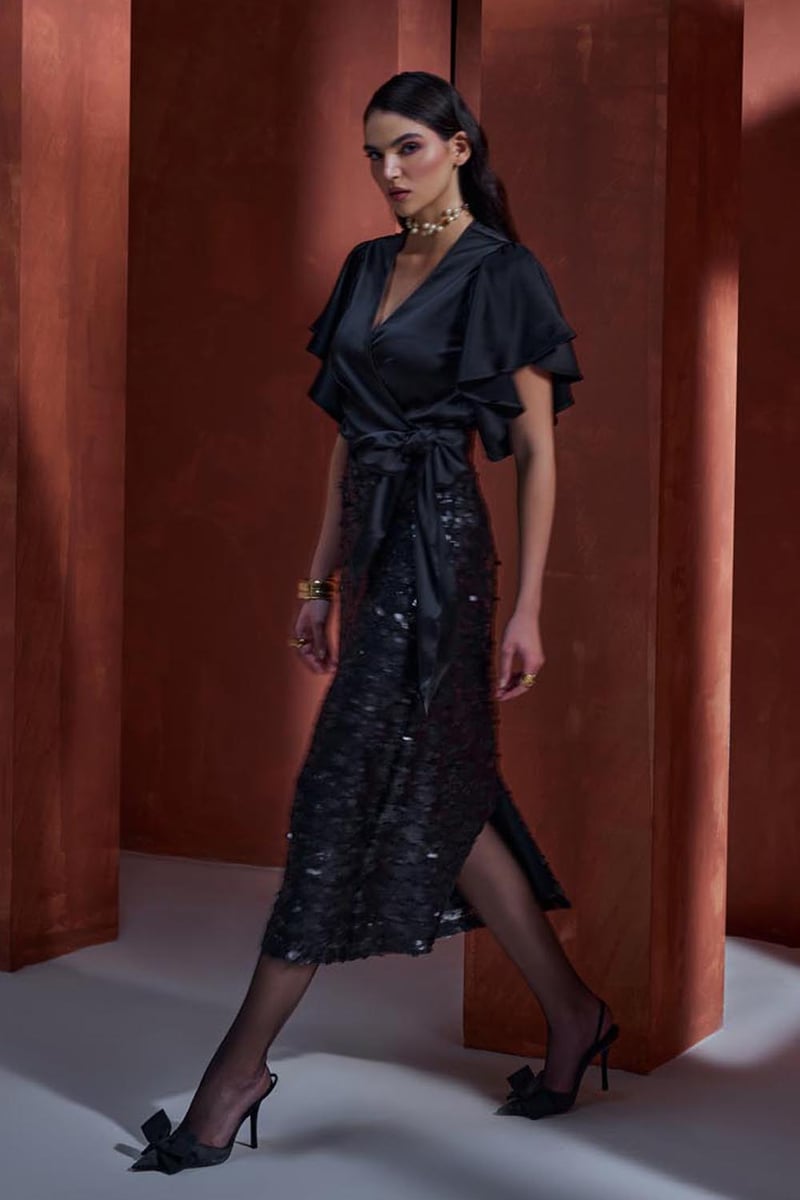 Black Satin Wrap Top and Sequin Midi Skirt Co-ord Set