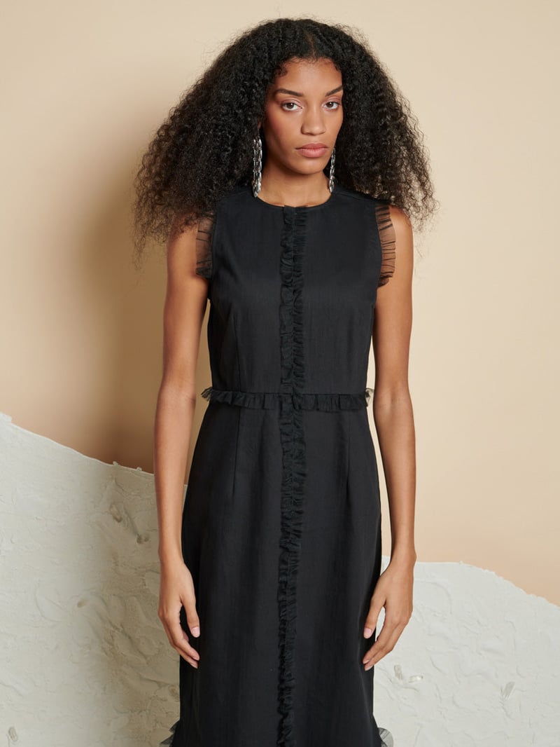 Black Sleeveless Straight Midi Dress with Ruffle Trim