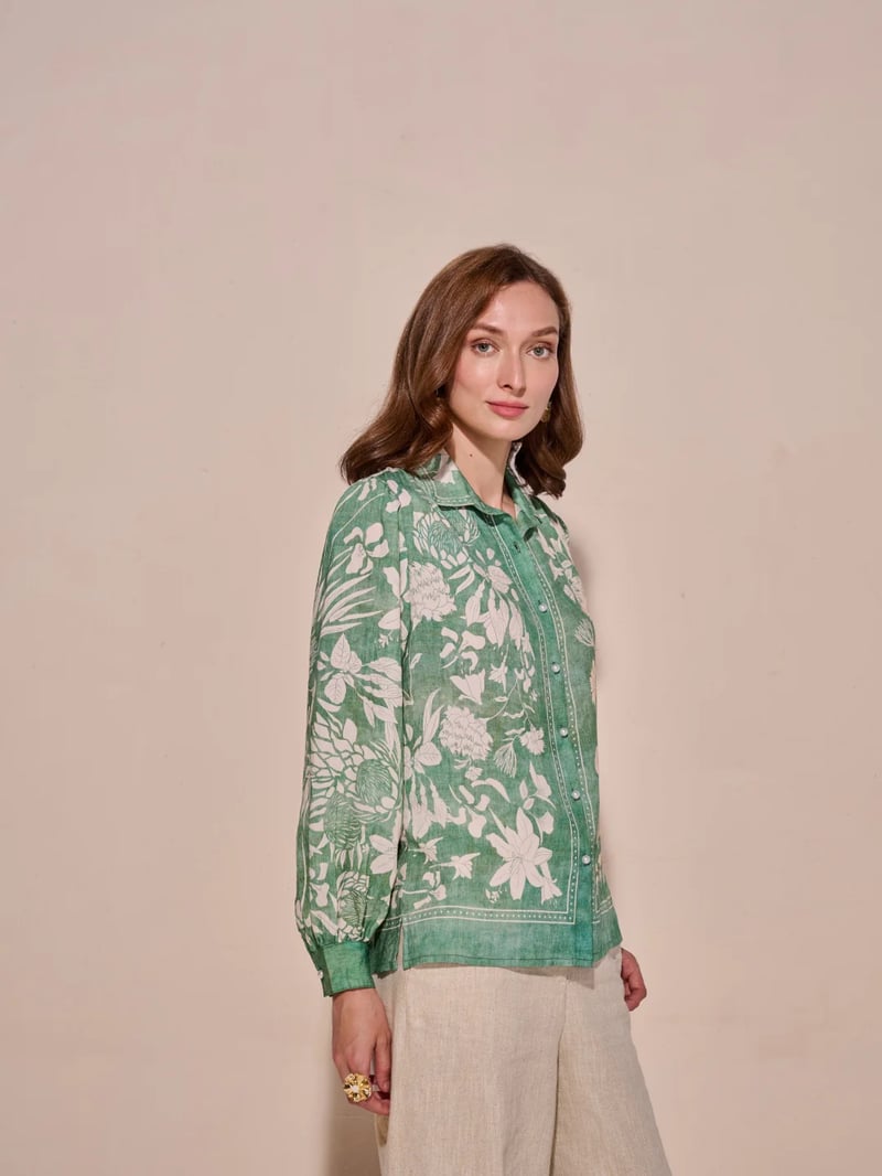 Green Floral Printed Button-Down Shirt