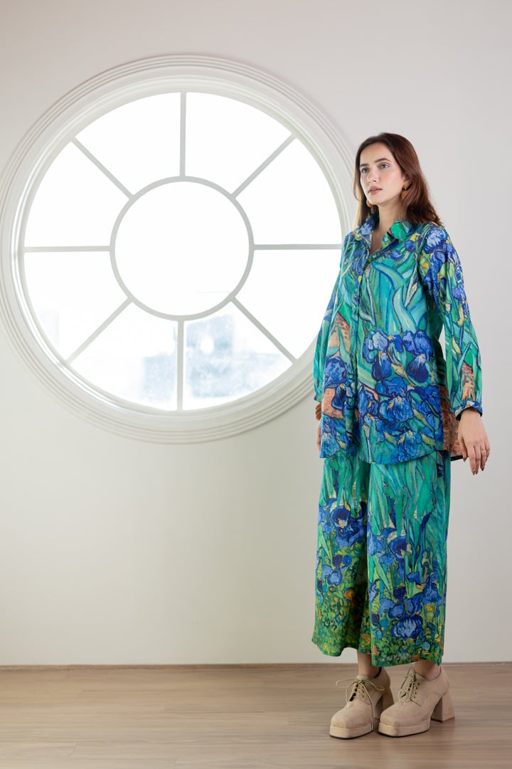 Aqua Blue Iris Print Shirt and Wide-Leg Pants Co-ord Set