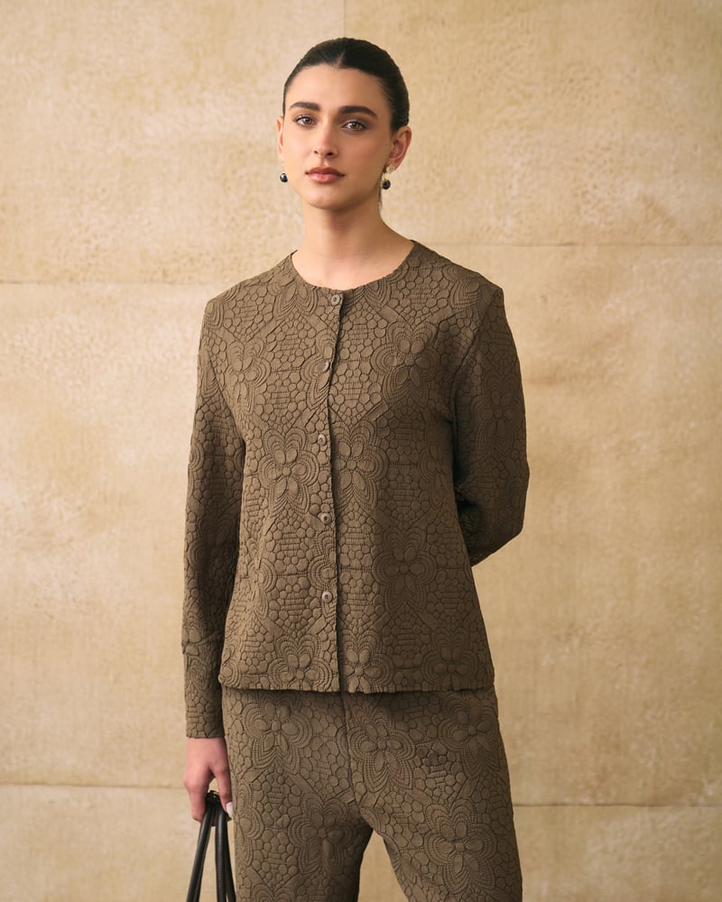 Brown Textured Jacket and Wide-Leg Pants Co-ord Set