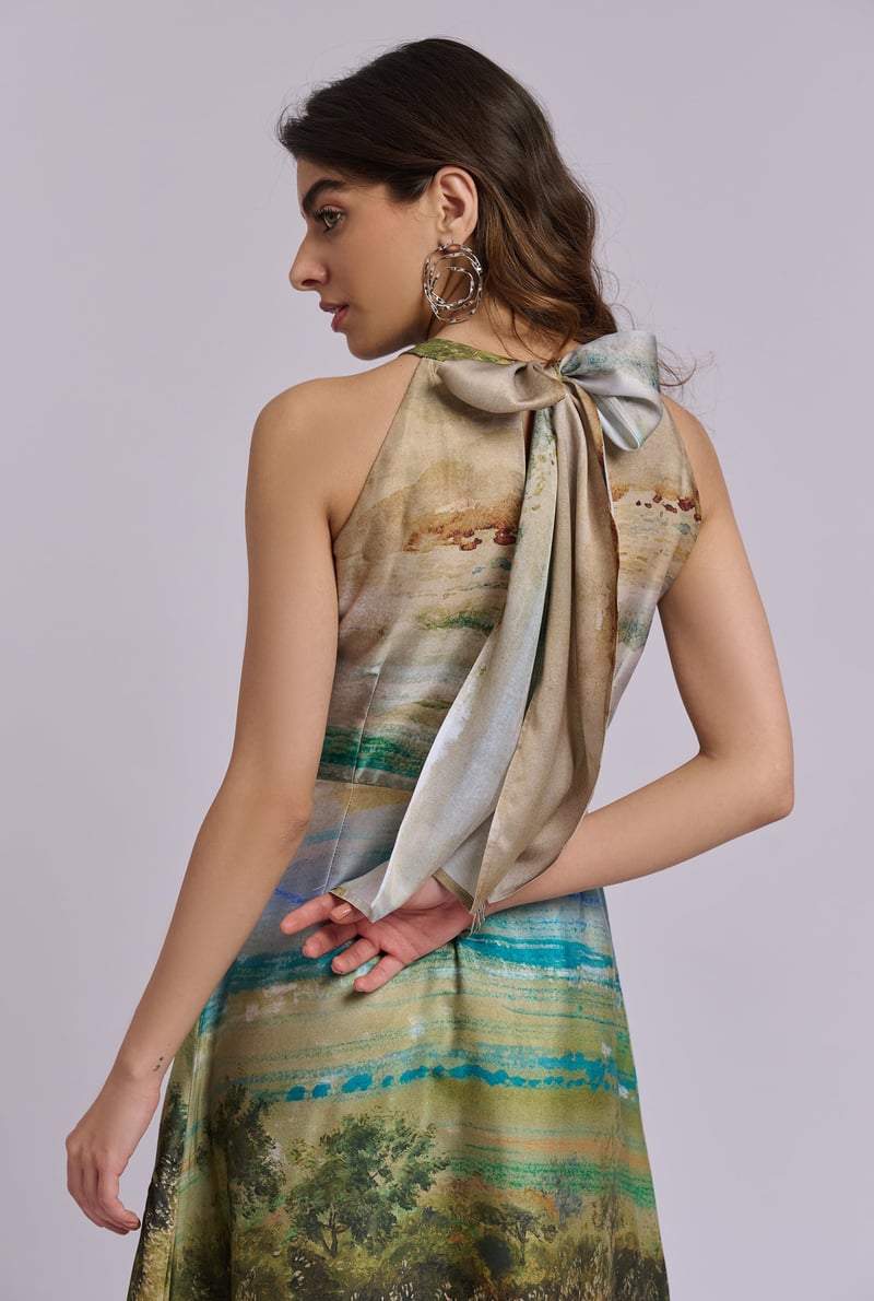 Scenery Print Halter Neck Fit and Flare Midi Dress