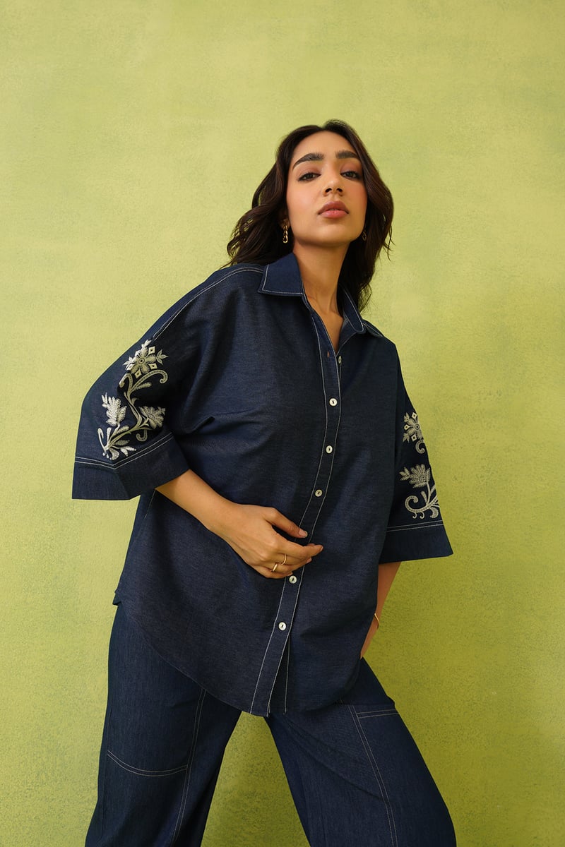 Denim Blue Embroidered Shirt and Wide-Leg Co-ord Set