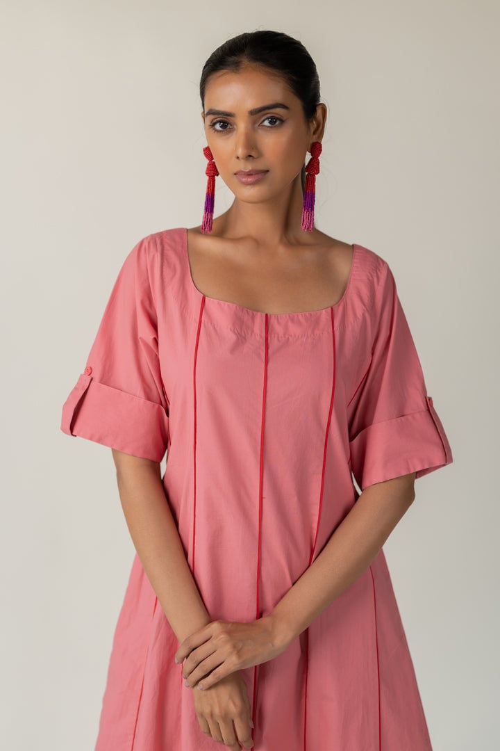 Blush Pink Poplin A-Line Midi Dress with Square Neck