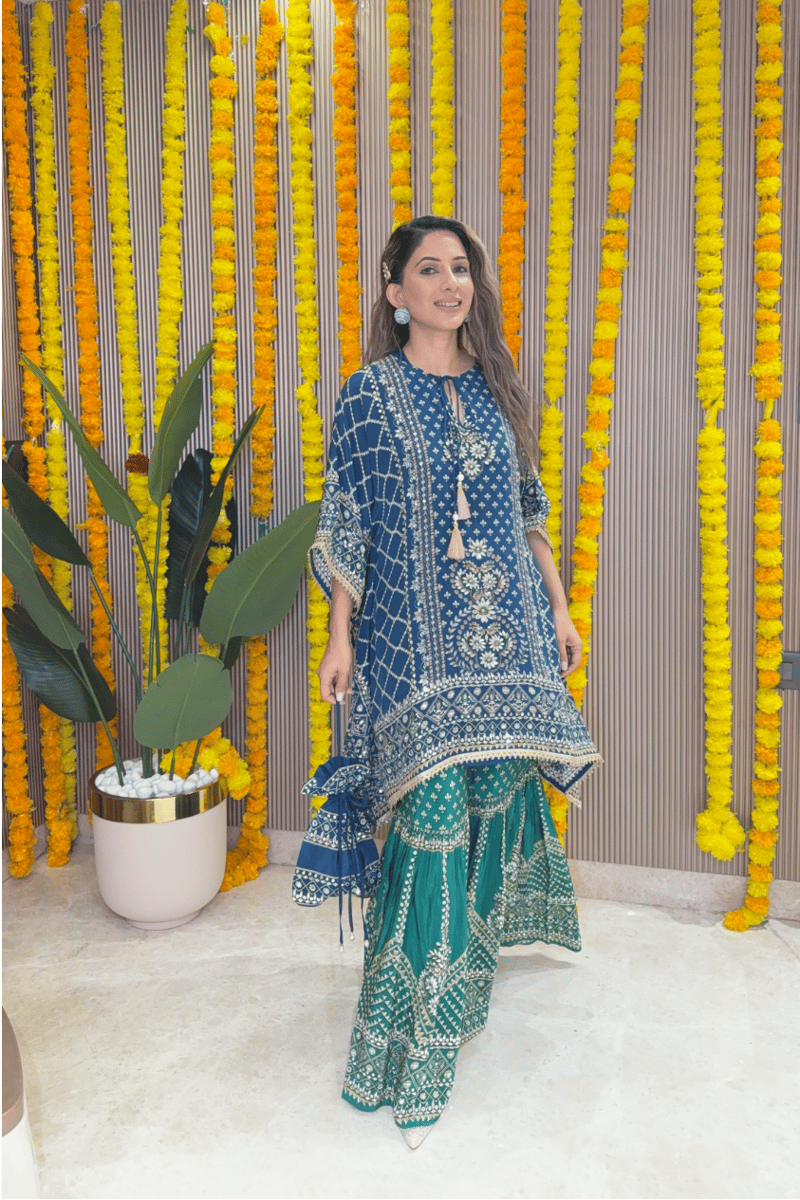 Teal Blue Kaftan and Emerald Gharara Co-ord Set