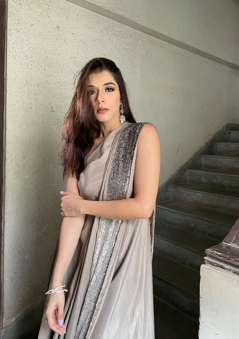 Fawn Cowl-Drape Concept Saree with Sequin Border