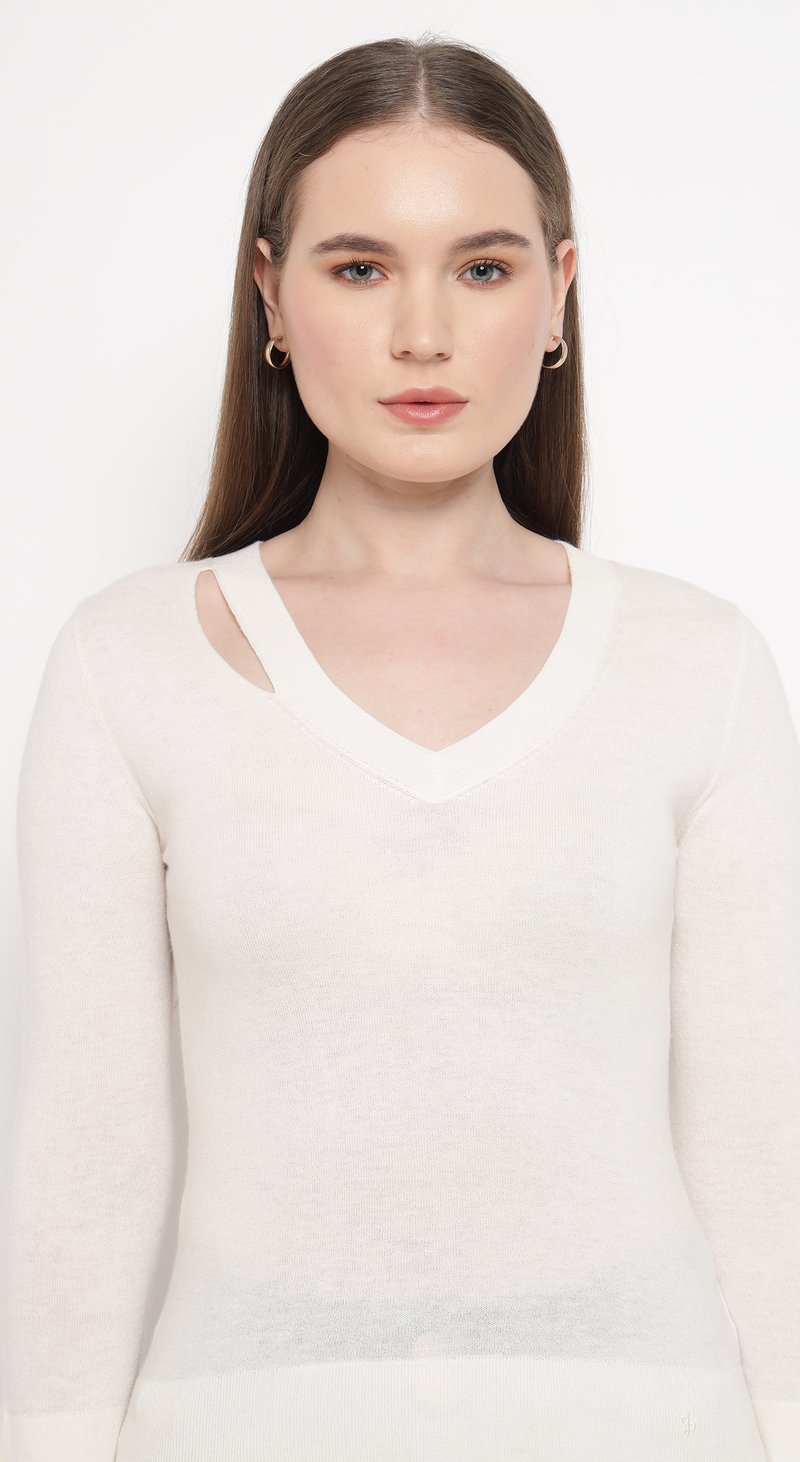 Light Beige V-Neck Slim Fit Sweater with Shoulder Cut-Out