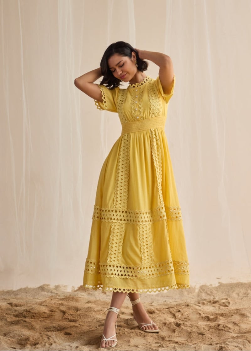 Yellow Lace Cutwork Fit and Flare Maxi Dress