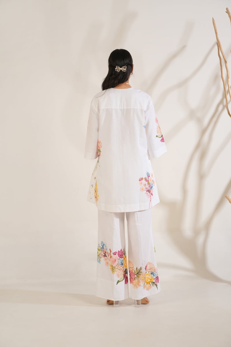White Floral Printed Kurta Shirt and Trouser Set