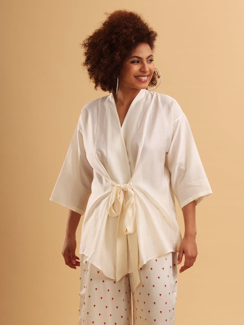 Ivory Modal Chanderi Wrap Tie-Up Top