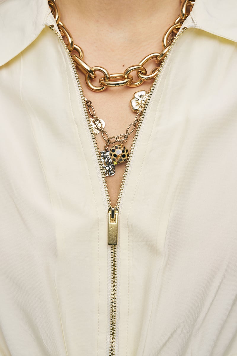 Cream Collared Zip-Front Drawstring Waist Top