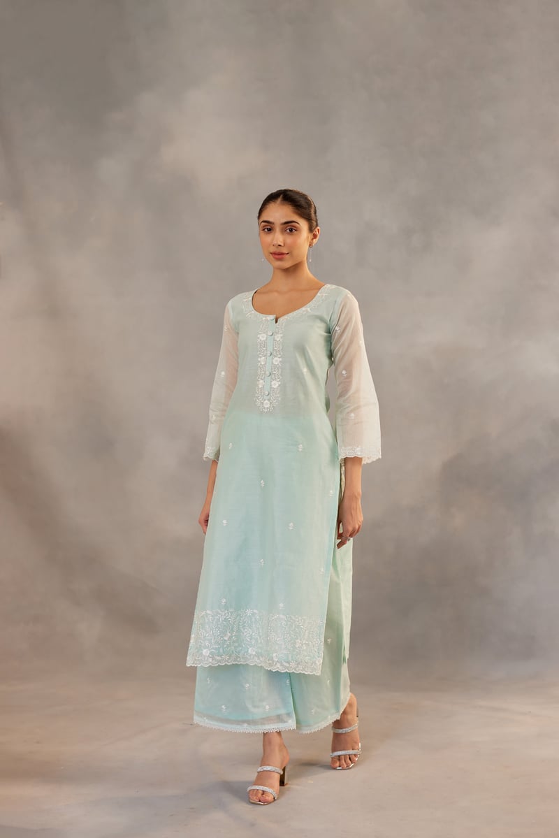 Mint Green Embroidered Straight Kurta Suit Set