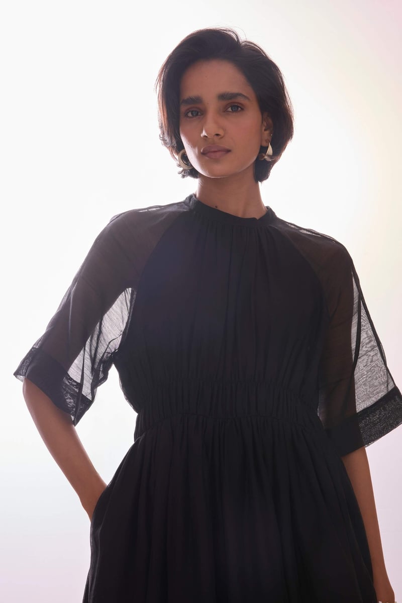 Black Handwoven Chanderi Maxi Dress with Ruched Waist