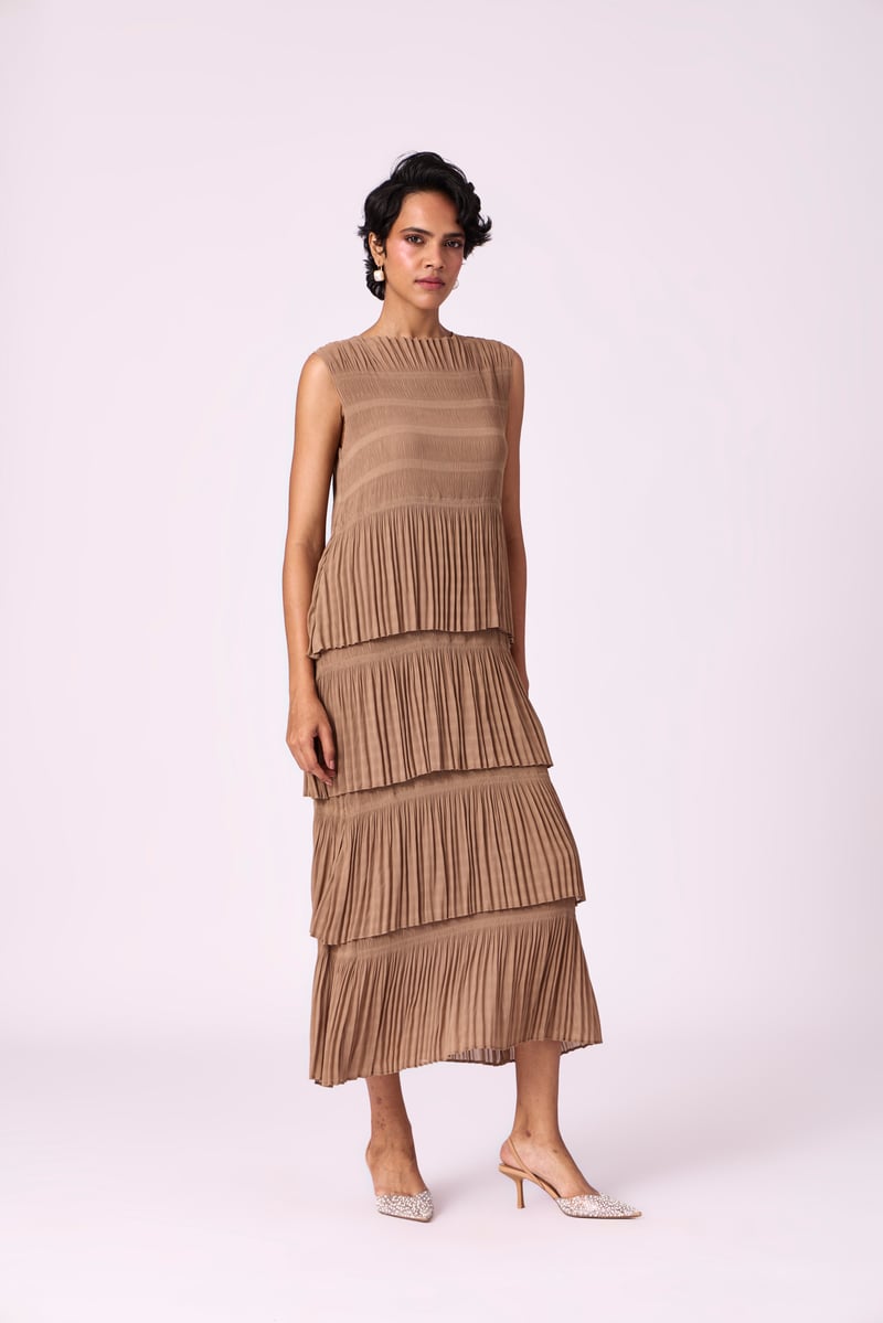 Taupe Tiered Pleated Chiffon Maxi Dress
