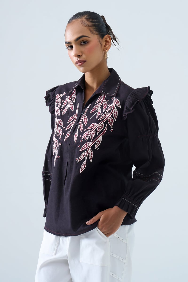 Black Embroidered Ruffle-Shoulder Cotton Flex Shirt