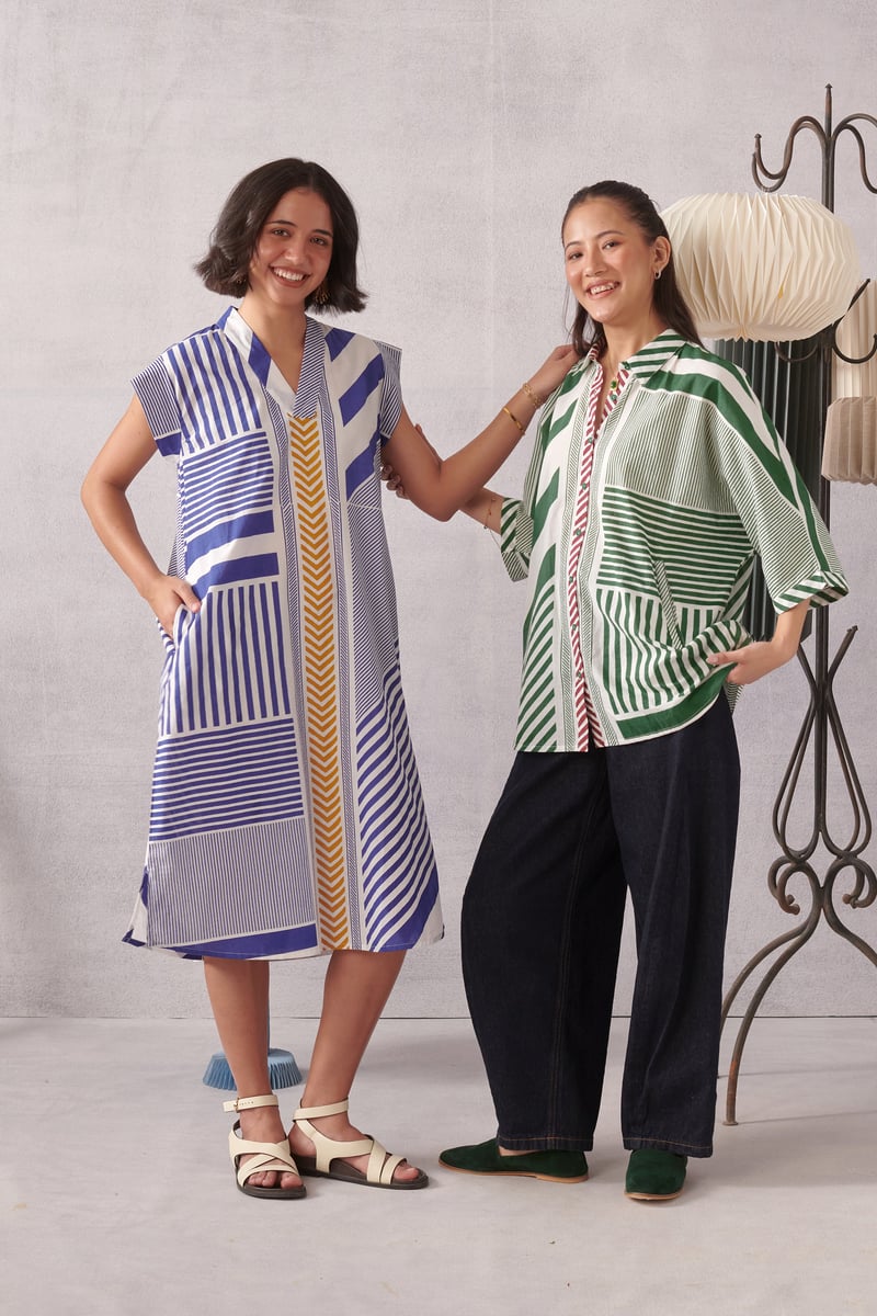 Multicolor Striped A-Line Midi Dress with V-Neck