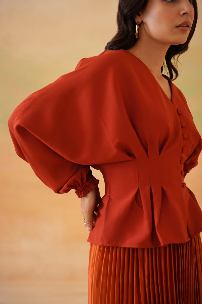 Rust V-Neck Button-Front Top and Pleated Maxi Skirt Set