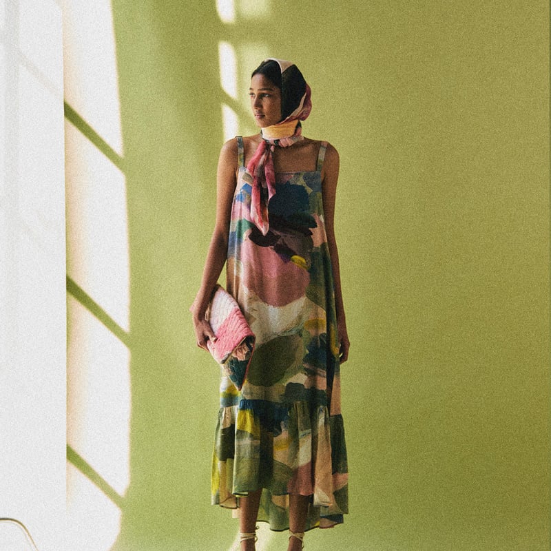 Abstract Print Tiered Midi Dress with Square Neck