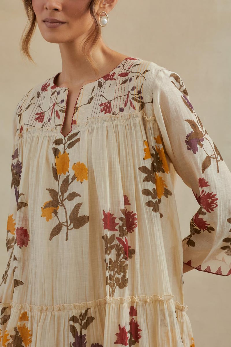 Beige Cotton Chanderi Three-Tiered Kurta Set