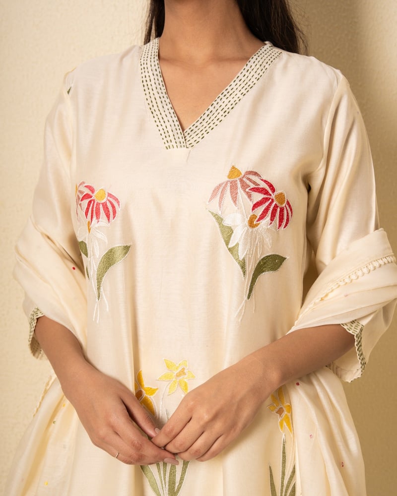 Spring Ivory Chanderi Floral Embroidered Suit Set (Set Of 3)