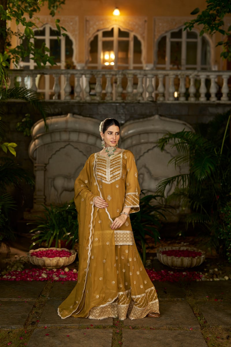 Yellow Organza Embroidered Kurta Sharara Set with Dupatta