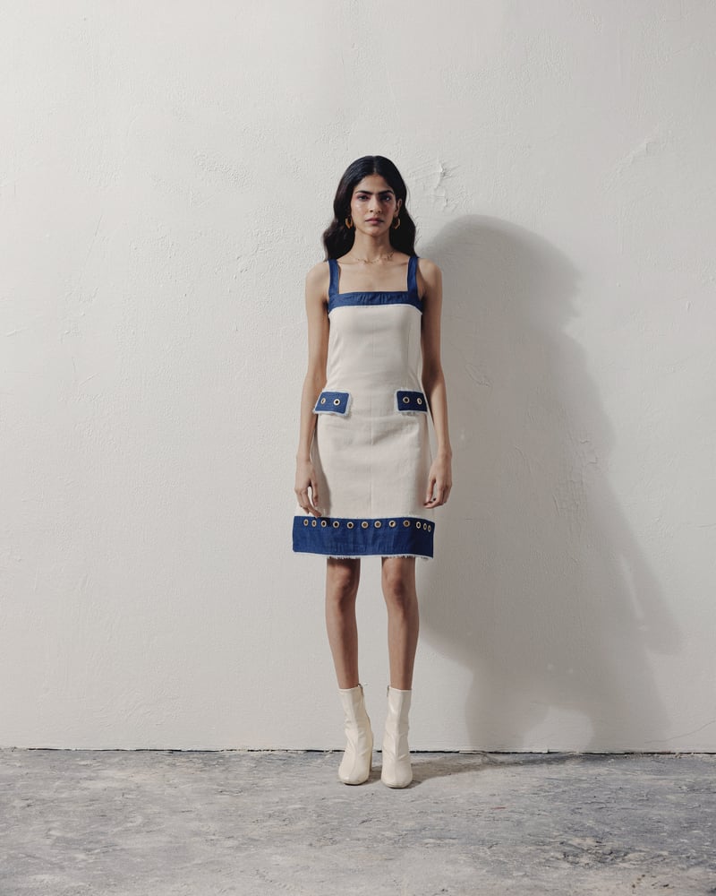 White and Blue Denim Knee-Length Dress with Jacket Set