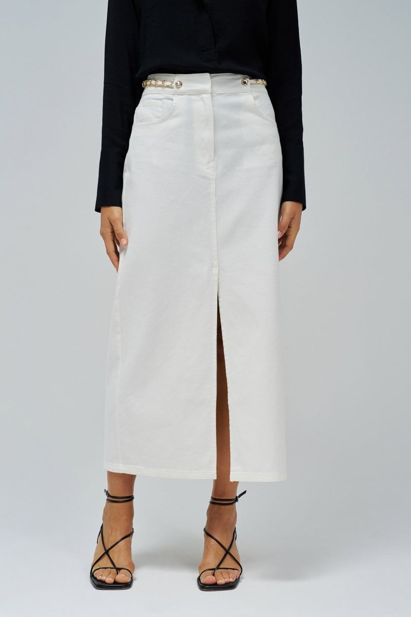 White High-Waist Denim Midi Pencil Skirt with Slit