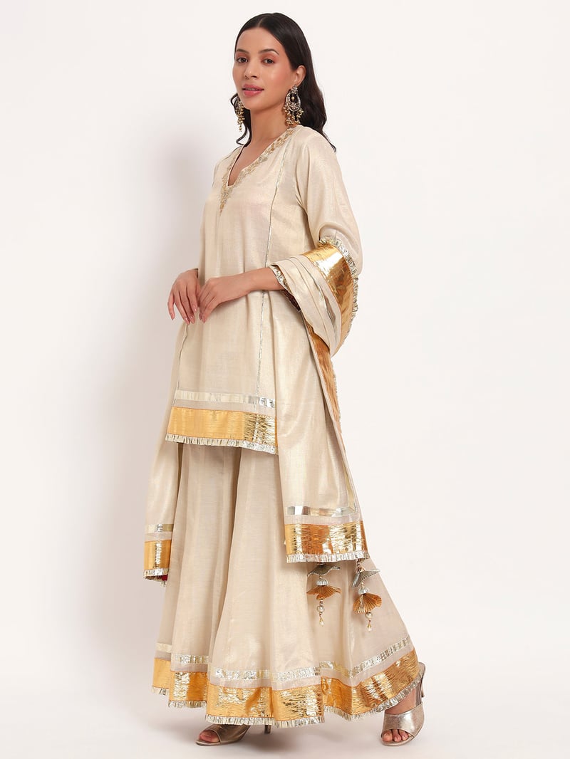 Golden Cotton Tissue Kurta Garara Set with Gotta Border