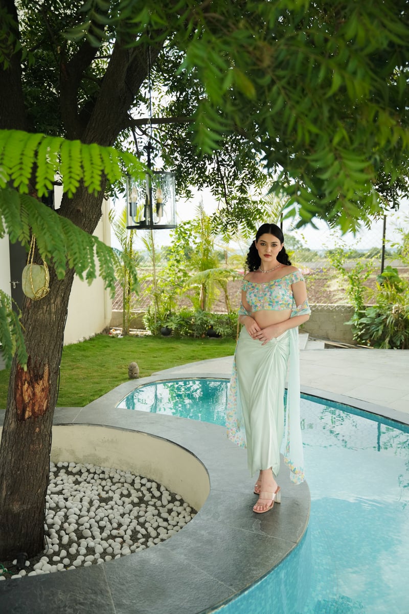 Green Off-Shoulder Embroidered Lehenga Set with Dupatta