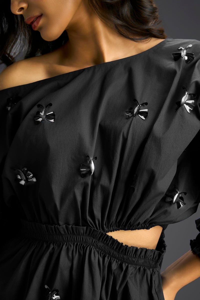 Black One-Shoulder Cotton Dress with Butterfly Embellishments
