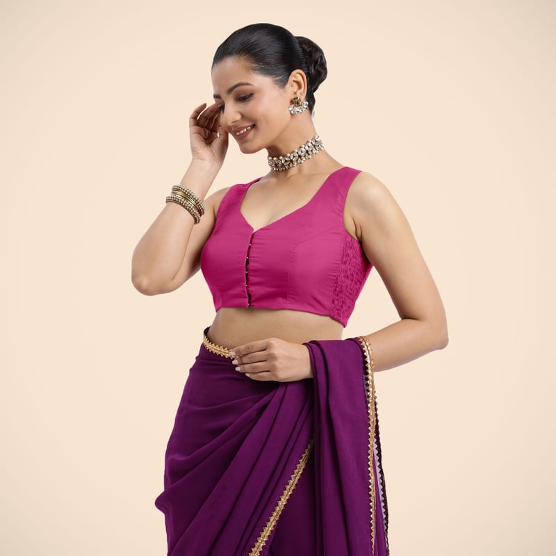 Hot Pink Sleeveless Saree Blouse with Curved V-Neck