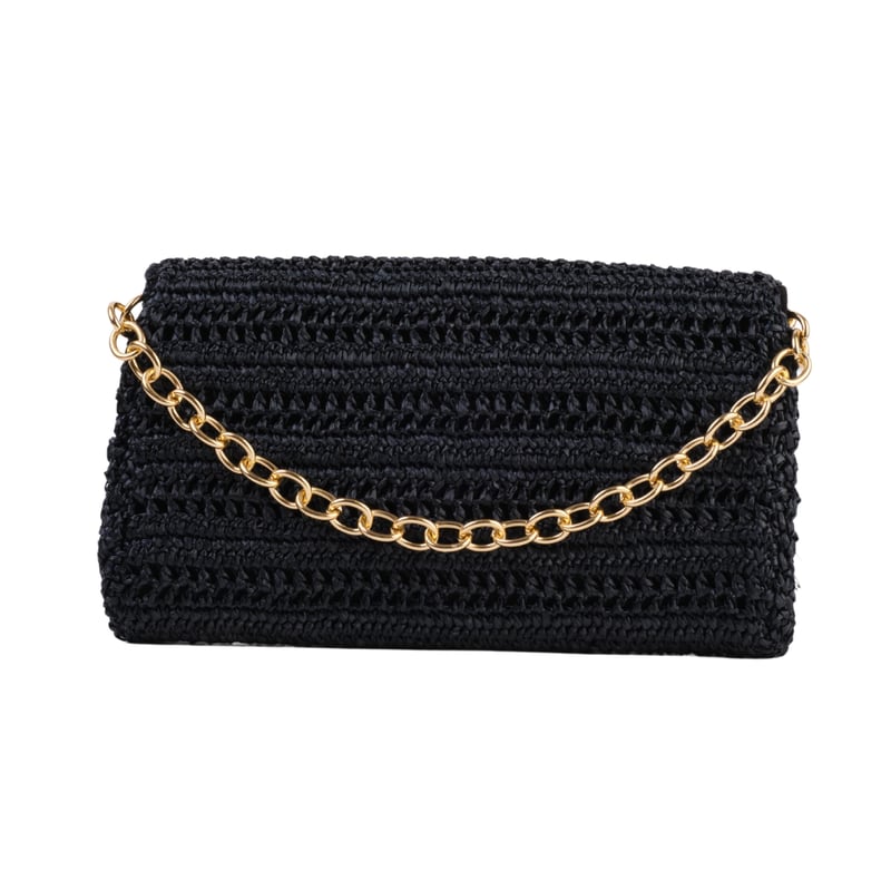 Jena Black Slim Raffia Clutch With Gold Emblem