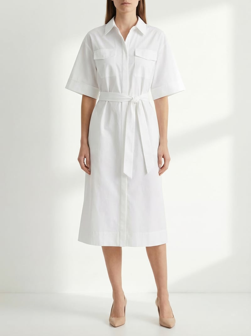 Ivory Cotton Belted Shirt Midi Dress — KIHIKI