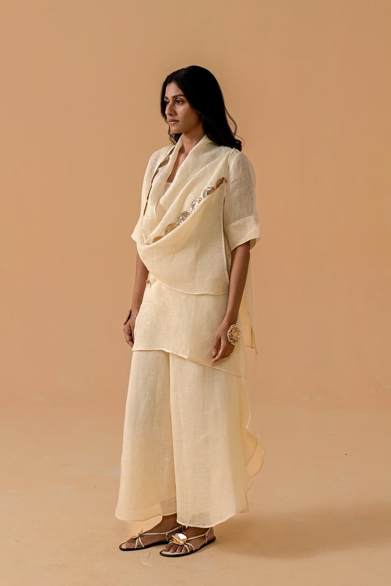 Cream Gauze Linen Cape and Palazzo Co-ord Set
